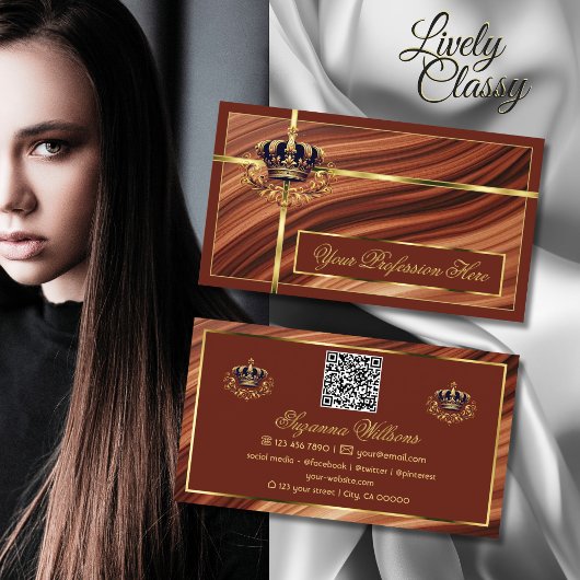 Classy Royal Brown Gold Crown mit QR Code Nobly Visitenkarte
