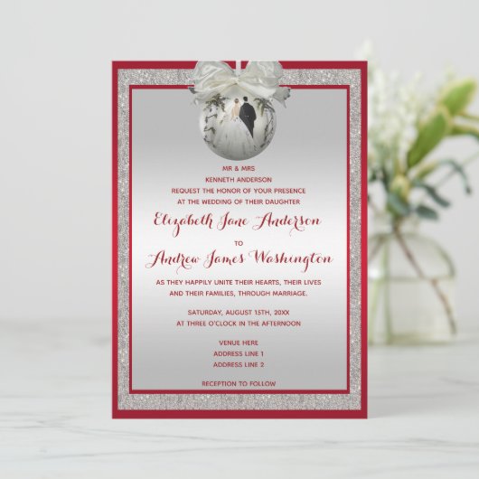 Classy Ruby Red & Funkelnd Bauble Christmas Einladung (Stehend Vorderseite)