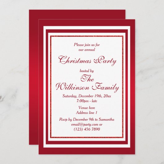 Classy Ruby Red & White Christmas Party Einladung (Vorne/Hinten)