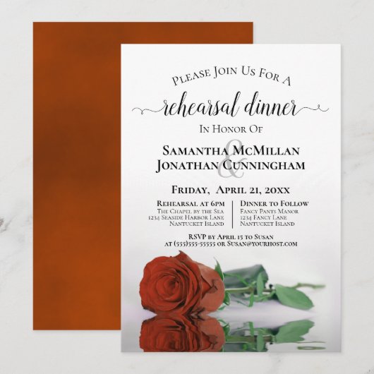 Classy Rust Orange Rose Hochzeit Probe Dinner Einladung (Vorne/Hinten)