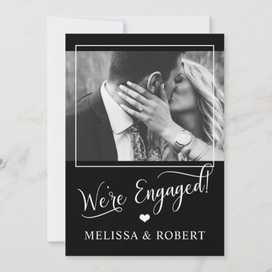Classy Schwarz-weiß Heart Engagement Party FOTO Einladung (Vorderseite)