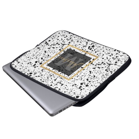 Classy Schwarz-weiß Marble Terrazzo Laptopschutzhülle (Vorne Knopf)