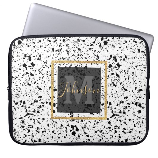 Classy Schwarz-weiß Marble Terrazzo Laptopschutzhülle (Vorderseite)