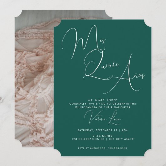 Classy Script Emerald Green Geburtstag quinceañera Einladung (Vorne/Hinten)