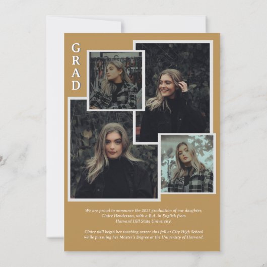 Classy Script Mustard Foto Collage Abschluss Ankündigung (Rückseite)