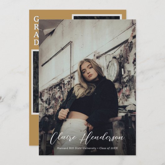 Classy Script Mustard Foto Collage Abschluss Ankündigung (Vorne/Hinten)