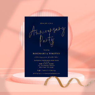 Classy Script Navy Gold Wedding Anniversary Party Einladung