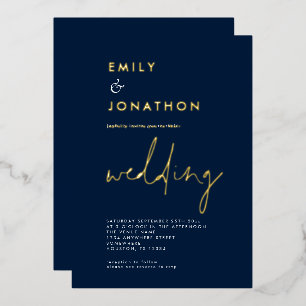 Classy Script Navy Gold Wedding Real Folieneinladung