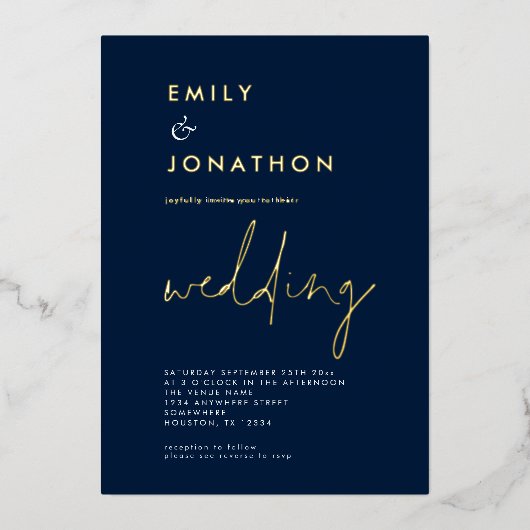 Classy Script Navy Gold Wedding Real Folieneinladung (Vorderseite)