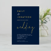 Classy Script Navy Gold Wedding Real Folieneinladung (Stehend vorne)