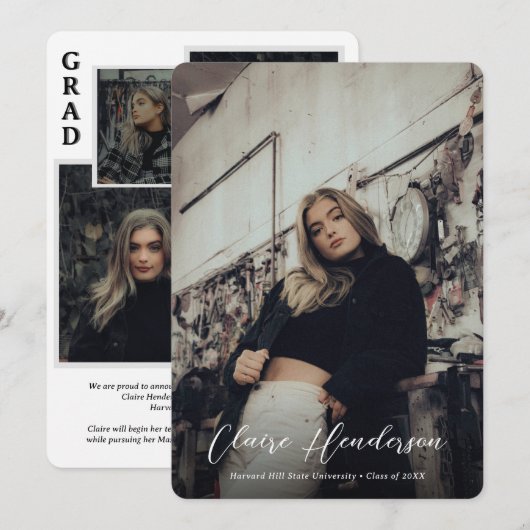 Classy Script Overlay Photo Collage Graduation Ankündigung (Vorne/Hinten)