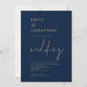 Classy Script QR Code Navy Gold Wedding Einladung (Vorderseite)