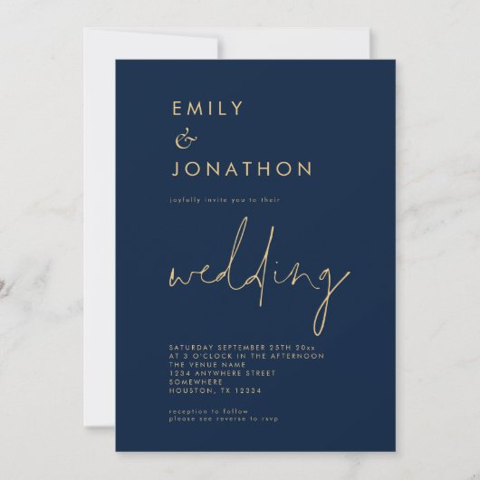 Classy Script QR Code Navy Gold Wedding Einladung (Vorderseite)