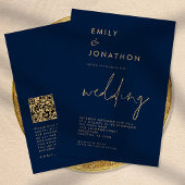 Classy Script QR Code Navy Gold Wedding Einladung