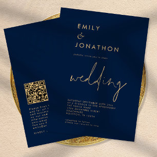 Classy Script QR Code Navy Gold Wedding Einladung