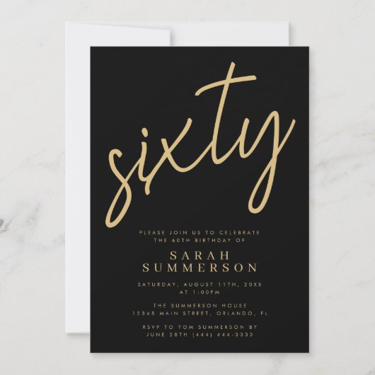 Classy Script Sixty Black Gold 60th Birthday Party Einladung (Vorderseite)