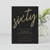 Classy Script Sixty Black Gold 60th Birthday Party Einladung (Stehend Vorderseite)