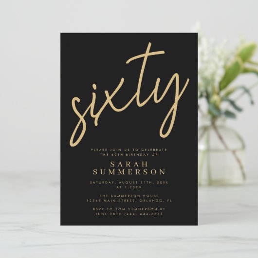 Classy Script Sixty Black Gold 60th Birthday Party Einladung (Stehend Vorderseite)
