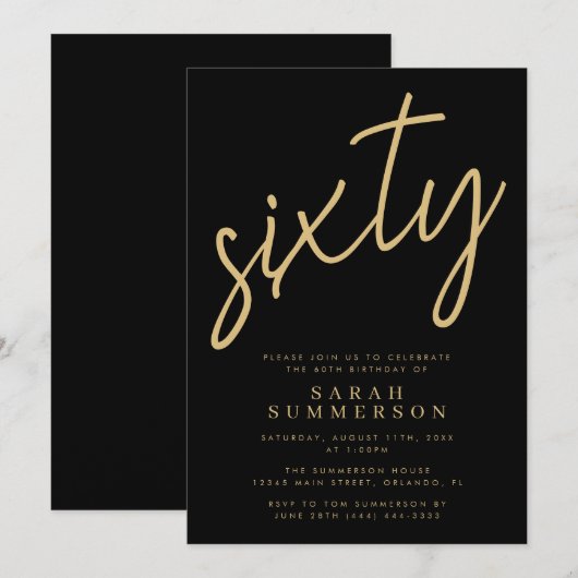 Classy Script Sixty Black Gold 60th Birthday Party Einladung (Vorne/Hinten)