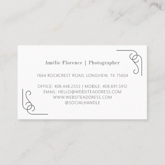 Classy Scroll Black Namplate Wedding Fotograf Visitenkarte (Rückseite)