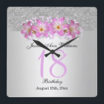 Classy Silver & Belladonna Lilies 18. Geburtstag   Quadratische Wanduhr<br><div class="desc">Schöne, klassische und stilvolle Geburtstagswand. Dieses Beispiel wurde für 18 Jahre entwickelt, ist aber für jedes Alter geeignet. Ein glamouröses Design mit einem silbernen Glitzer und Farbverlauf mit einem hübschen silbernen Band, um die beiden Bilder zu trennen, über dem Band ist ein gedrucktes Bild eines wunderschönen Bouquets aus rosa/lila/lavender belladonna...</div>