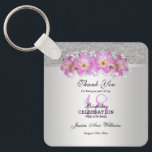 Classy Silver & Belladonna Lilies 18th Birthday   Schlüsselanhänger<br><div class="desc">Beautiful classy and stylish Birthday party thank you keychain/keyring for women. This example has been designed for 18 years, but is suitable for any age. A glamorous design with a silver glitter and gradient background with a pretty silver ribbon to separate the two images, over the ribbon is a printed...</div>