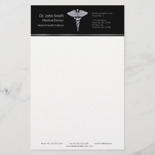 Classy Silver Caduceus auf Black Medical Briefpapier (Vorderseite)