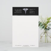 Classy Silver Caduceus auf Black Medical Briefpapier (Stehend Vorderseite)