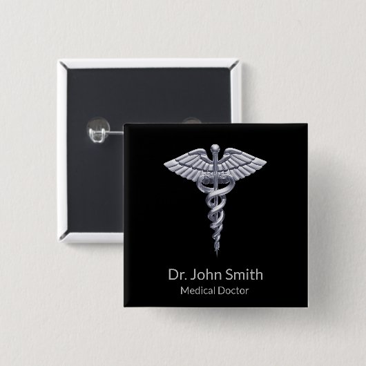 Classy Silver Caduceus Medical on Black Button (Vorne & Hinten)