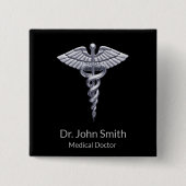 Classy Silver Caduceus Medical on Black Button (Vorderseite)