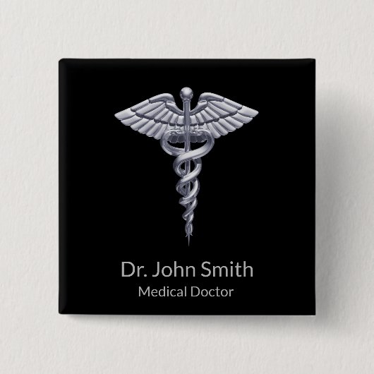 Classy Silver Caduceus Medical on Black Button (Vorderseite)