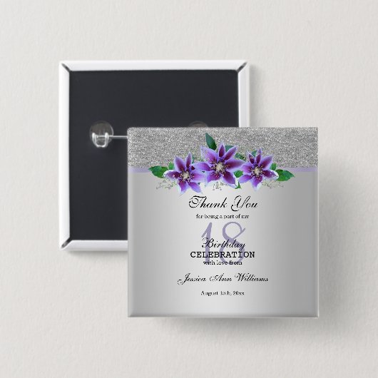 Classy Silver & Clematis Blume 18. Geburtstag Button (Vorne & Hinten)