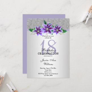 Classy Silver & Clematis Blume 18. Geburtstag Einladung