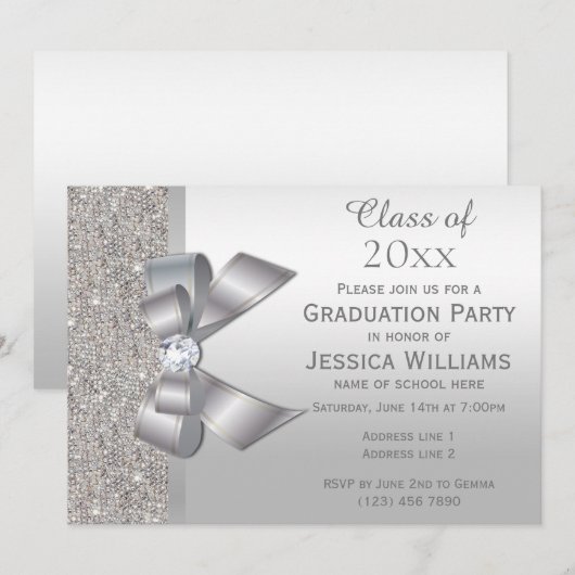 Classy Silver Gem Bow, Silver Sequins Abschluss Einladung (Vorne/Hinten)