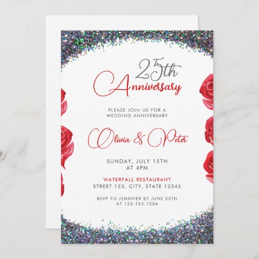 Classy Silver Glitzer 25. Hochzeitstag Einladung (Vorne/Hinten)
