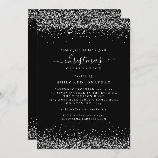 Classy Silver Glitzer Black Christmas Party Einladung (Vorne/Hinten)