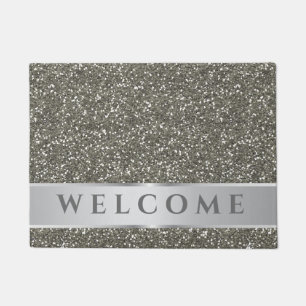 Classy Silver Glitzer Look Grau Willkommen   Fußmatte