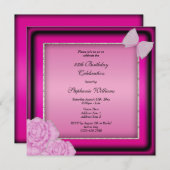 Classy Silver Glitzer, Pink Floral & Bow Geburtsta Einladung (Vorne/Hinten)