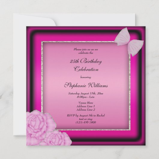 Classy Silver Glitzer, Pink Floral & Bow Geburtsta Einladung (Vorderseite)