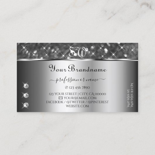 Classy Silver Glitzer Sparkle Diamonds Initialen Visitenkarte (Rückseite)