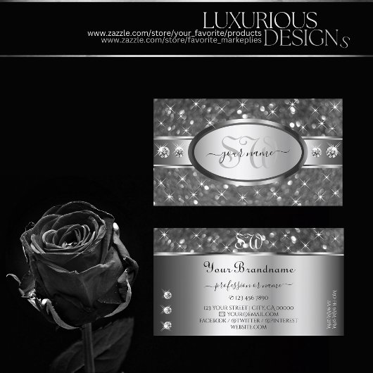 Classy Silver Glitzer Sparkle Diamonds Initialen Visitenkarte