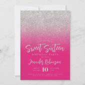 Classy Silver Hot Pink Glitzer Foto Sweet 16 Einladung (Vorderseite)