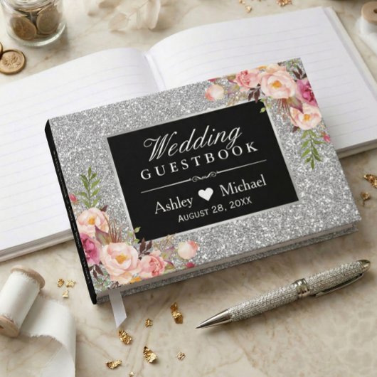 Classy Silver Imitats Glitzer Glitzern Blumenhochz Gästebuch