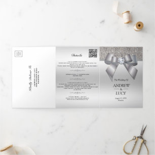 Classy Silver Jewel Gem Bow QR Code Wedding Dreifach Gefaltete Einladung