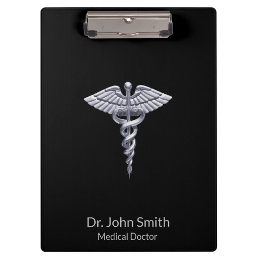 Classy Silver Medical Caduceus on Black Klemmbrett (Vorderseite)