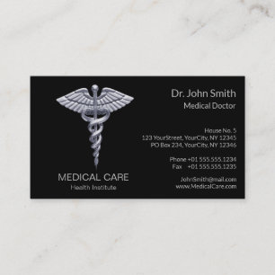 Classy Silver Medical Caduceus on Black Visitenkarte