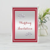 Classy Silver & Red, Diamond Wedding Rings Wedding Einladung (Stehend Vorderseite)