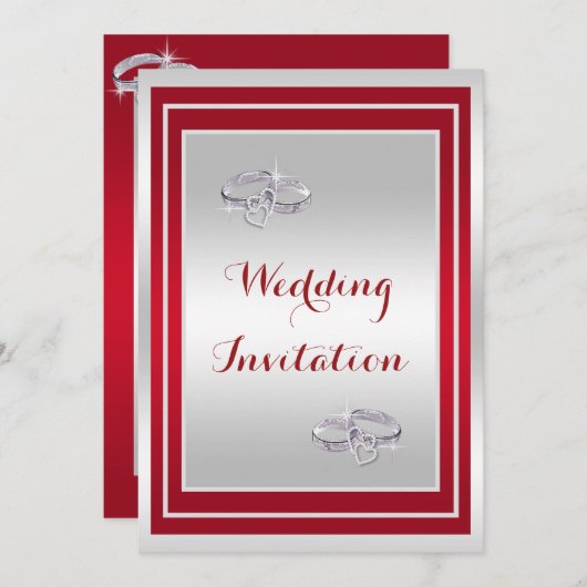 Classy Silver & Red, Diamond Wedding Rings Wedding Einladung (Vorne/Hinten)