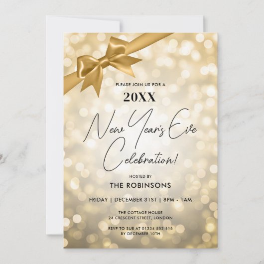 Classy Silvester Party Gold Bokeh Bow Einladung (Vorderseite)