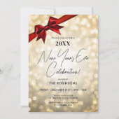 Classy Silvester Party Gold Bokeh Red Bow Einladung (Vorderseite)